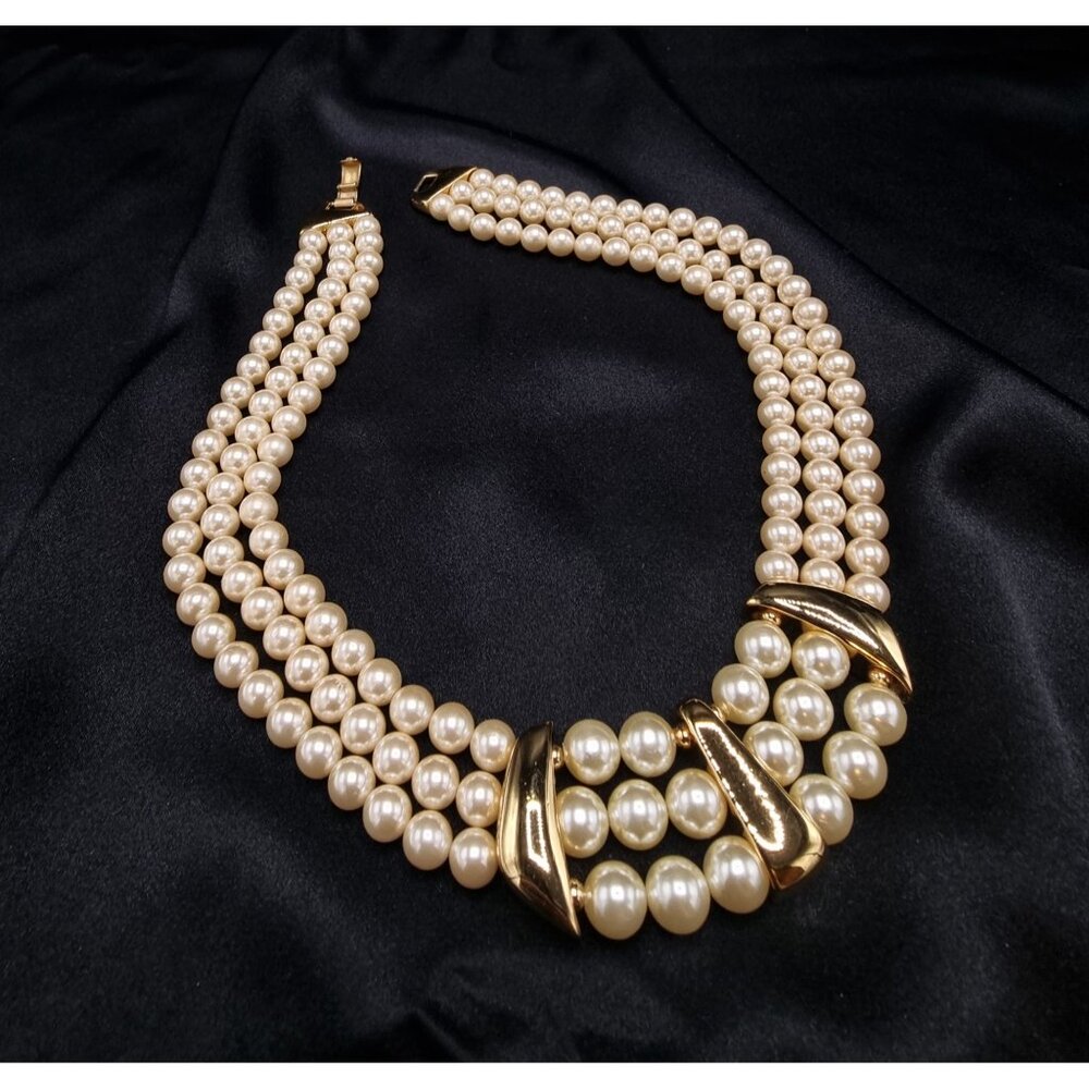 Vintage Napier 1980's-1990's Triple-Strand Faux Pearl Necklace With Gold-Tone Ac